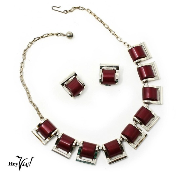Vintage Deco Red Gold Thermoplastic Necklace & Clip On Earrings Set - Hey Viv - Picture 1 of 6